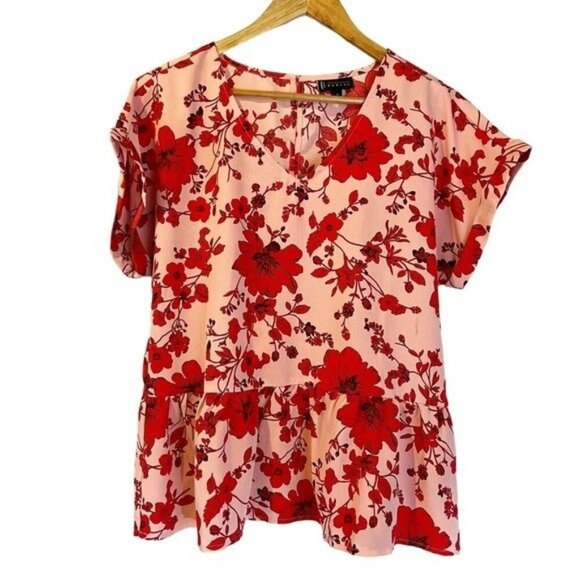 Bobeau Pink & Red Floral Short Sleeve Peplum Blouse S Office Career Summer - Picture 1 of 5